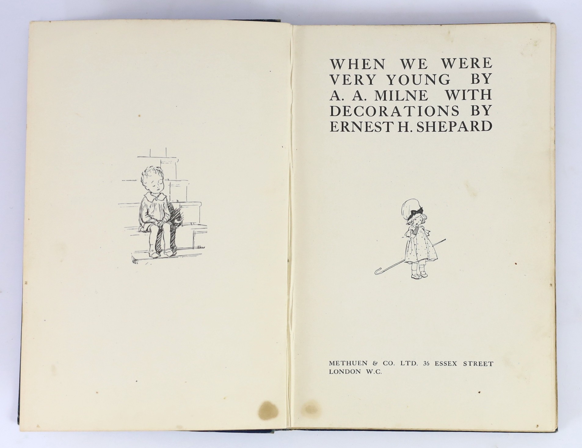 Milne, Alan Alexander - When We Were Very Young, 1s edition, first printing, first state, (without ‘’ix’’ to foot of contents page), illustrated by Ernest Shepard, 8vo, original blue pictorial cloth gilt stamped, ownersh